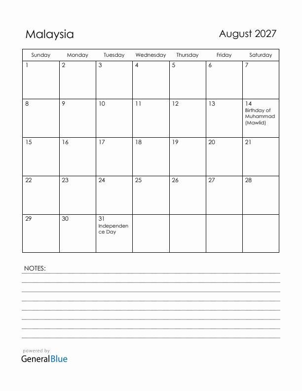 August 2027 Malaysia Calendar with Holidays (Sunday Start)