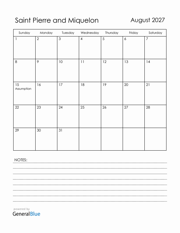 August 2027 Saint Pierre and Miquelon Calendar with Holidays (Sunday Start)