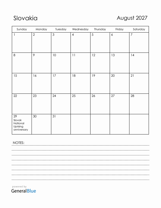 August 2027 Slovakia Calendar with Holidays (Sunday Start)