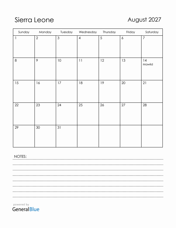 August 2027 Sierra Leone Calendar with Holidays (Sunday Start)