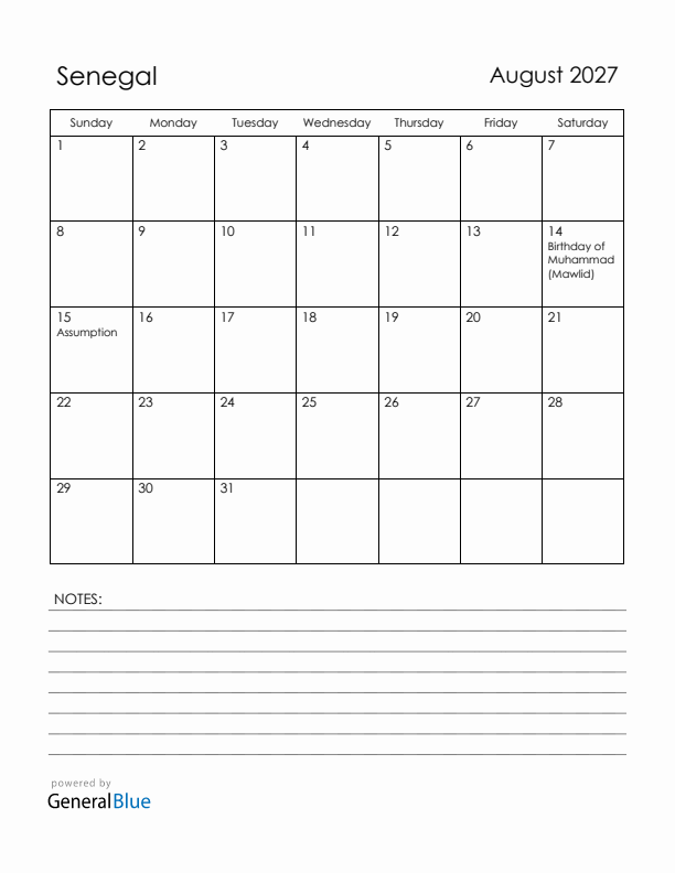August 2027 Senegal Calendar with Holidays (Sunday Start)