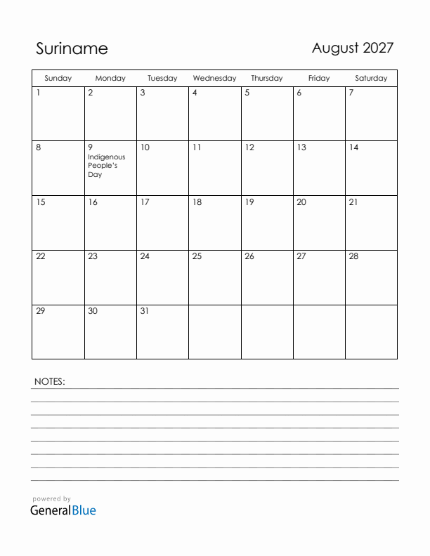 August 2027 Suriname Calendar with Holidays (Sunday Start)