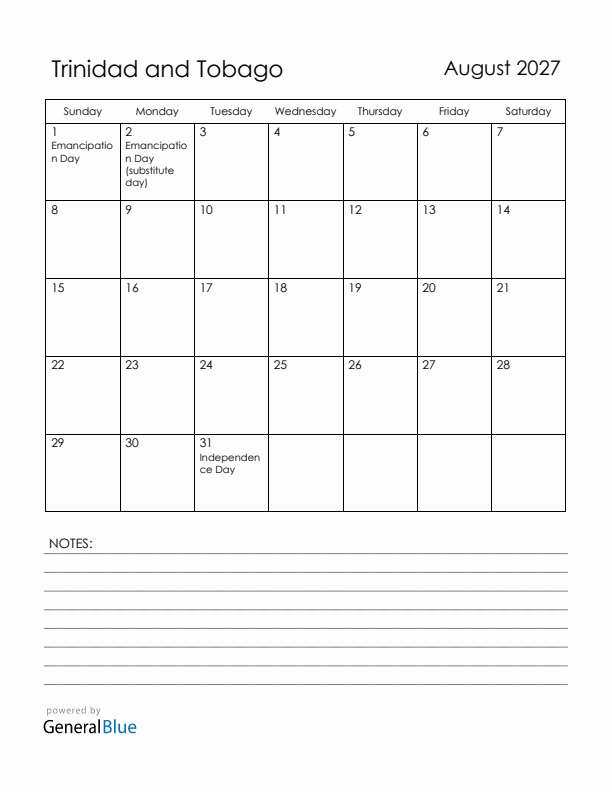 August 2027 Trinidad and Tobago Calendar with Holidays (Sunday Start)