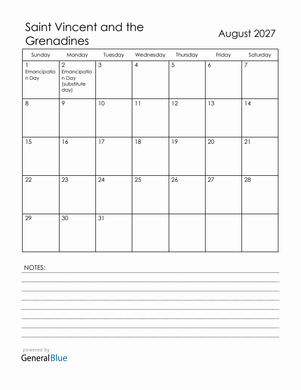 August 2027 Saint Vincent and the Grenadines Calendar with Holidays (Sunday Start)