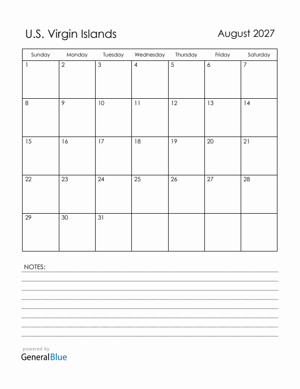 August 2027 U.S. Virgin Islands Calendar with Holidays (Sunday Start)