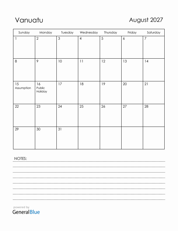 August 2027 Vanuatu Calendar with Holidays (Sunday Start)
