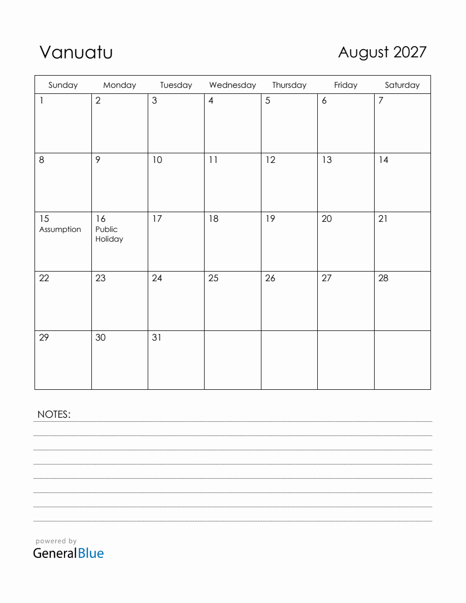 August 2027 Vanuatu Calendar with Holidays
