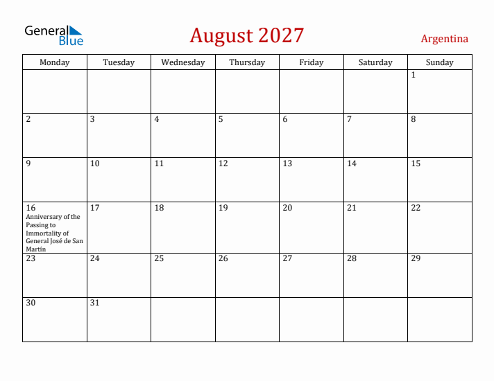 Argentina August 2027 Calendar - Monday Start