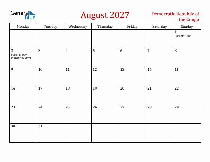 Democratic Republic of the Congo August 2027 Calendar - Monday Start