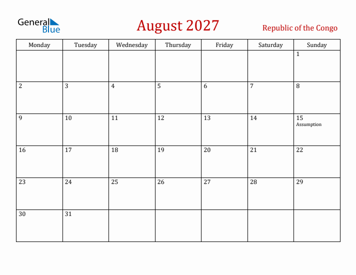 Republic of the Congo August 2027 Calendar - Monday Start