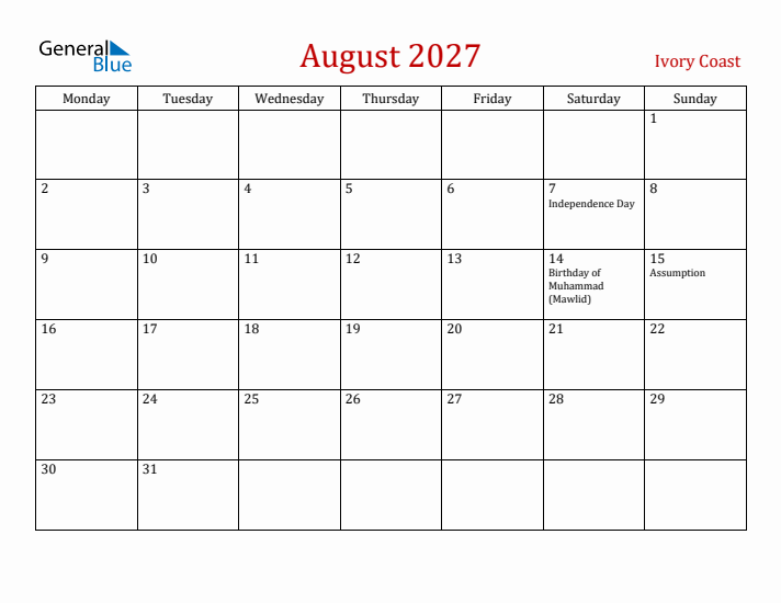 Ivory Coast August 2027 Calendar - Monday Start