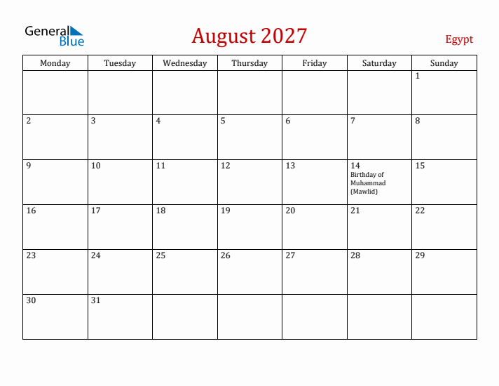 Egypt August 2027 Calendar - Monday Start