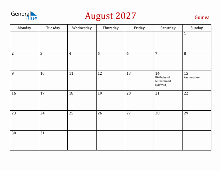 Guinea August 2027 Calendar - Monday Start