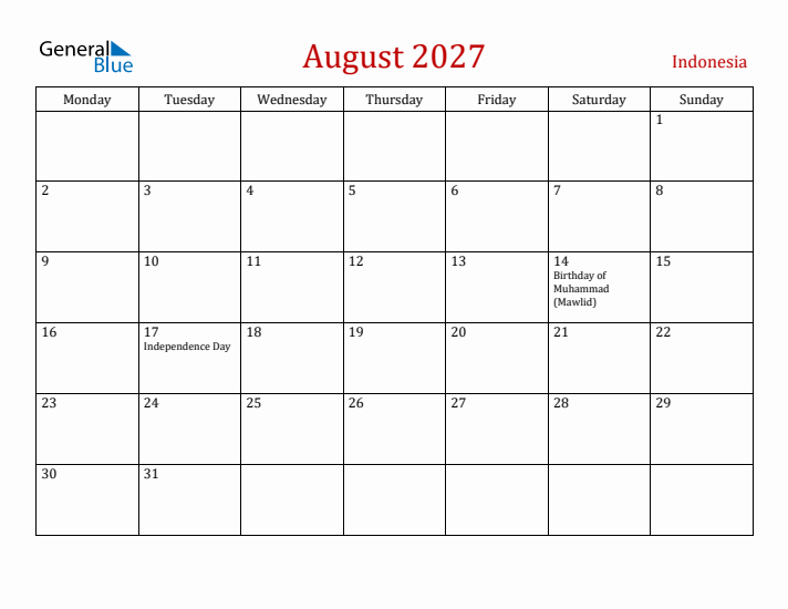 Indonesia August 2027 Calendar - Monday Start