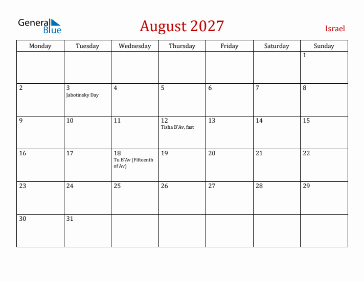 Israel August 2027 Calendar - Monday Start