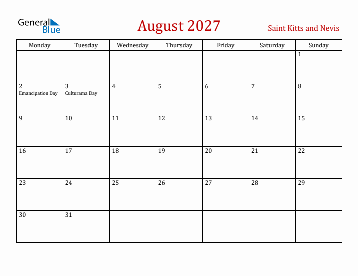 Saint Kitts and Nevis August 2027 Calendar - Monday Start