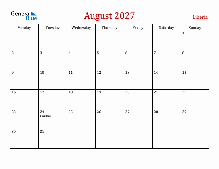 Liberia August 2027 Calendar - Monday Start