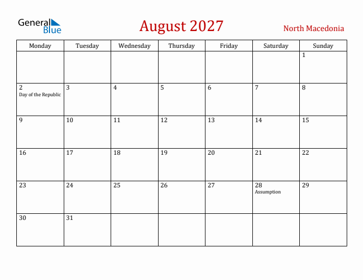 North Macedonia August 2027 Calendar - Monday Start