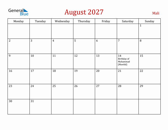 Mali August 2027 Calendar - Monday Start