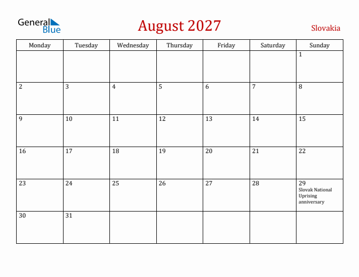 Slovakia August 2027 Calendar - Monday Start