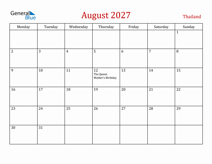 Thailand August 2027 Calendar - Monday Start