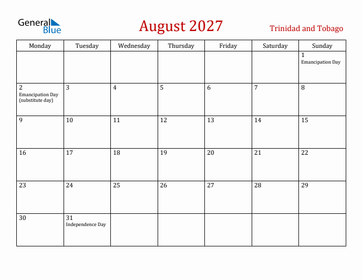 Trinidad and Tobago August 2027 Calendar - Monday Start