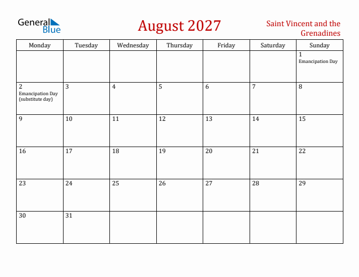 Saint Vincent and the Grenadines August 2027 Calendar - Monday Start