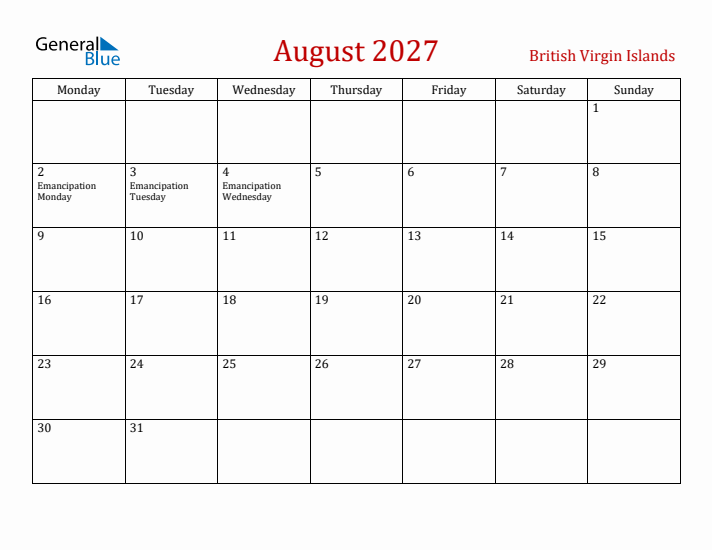 British Virgin Islands August 2027 Calendar - Monday Start