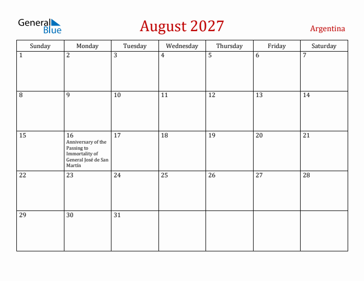 Argentina August 2027 Calendar - Sunday Start