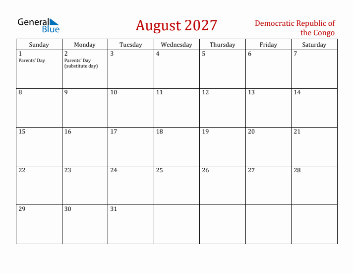 Democratic Republic of the Congo August 2027 Calendar - Sunday Start