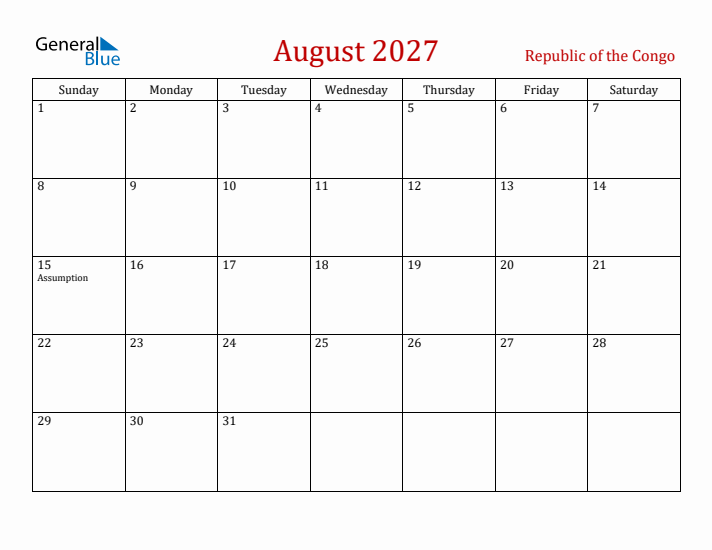 Republic of the Congo August 2027 Calendar - Sunday Start