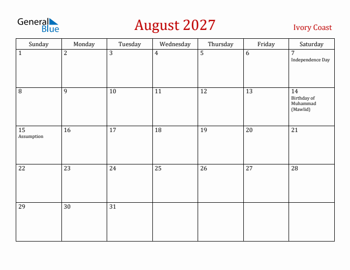 Ivory Coast August 2027 Calendar - Sunday Start
