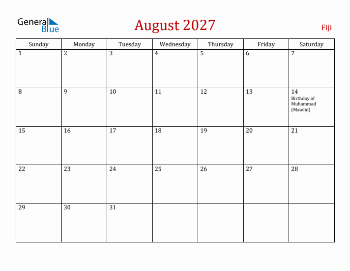 Fiji August 2027 Calendar - Sunday Start