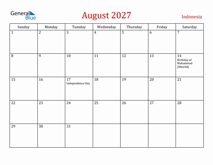 Indonesia August 2027 Calendar - Sunday Start