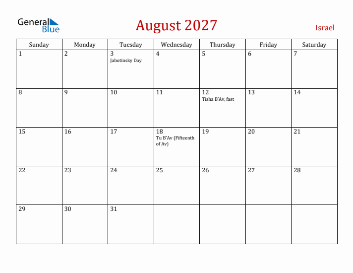Israel August 2027 Calendar - Sunday Start