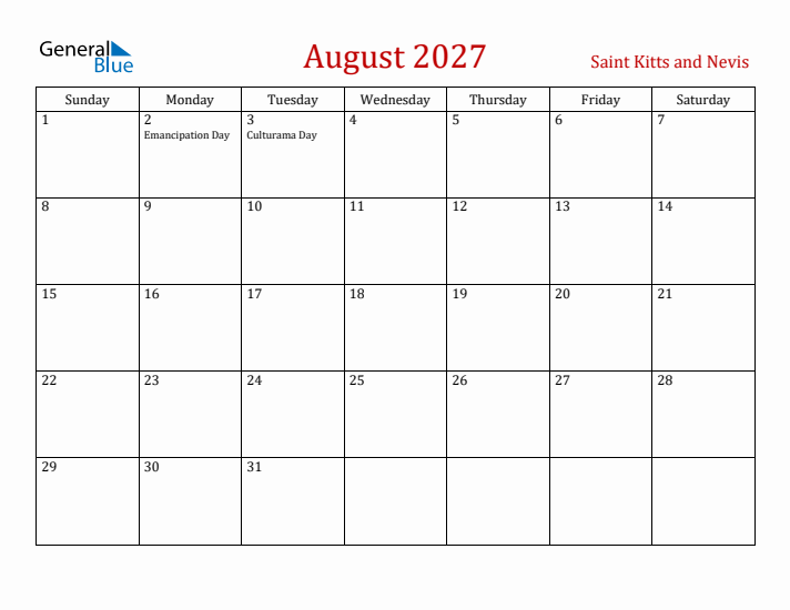 Saint Kitts and Nevis August 2027 Calendar - Sunday Start