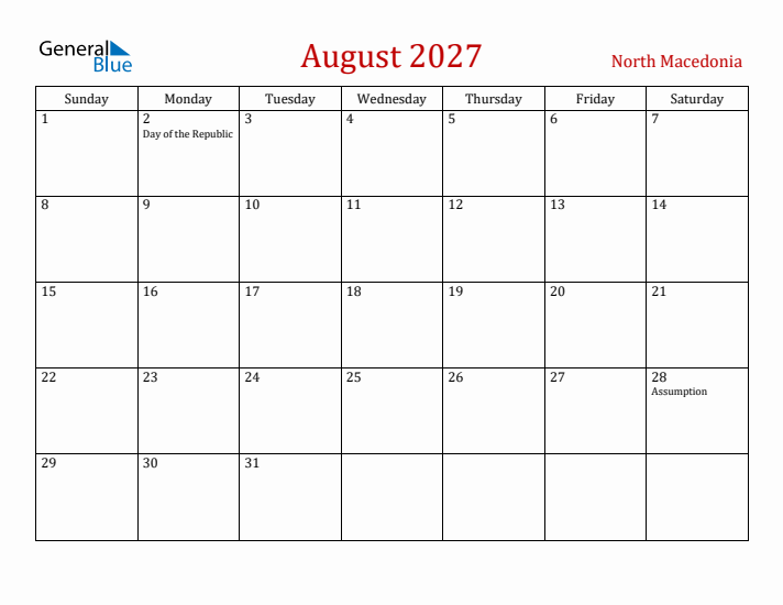 North Macedonia August 2027 Calendar - Sunday Start
