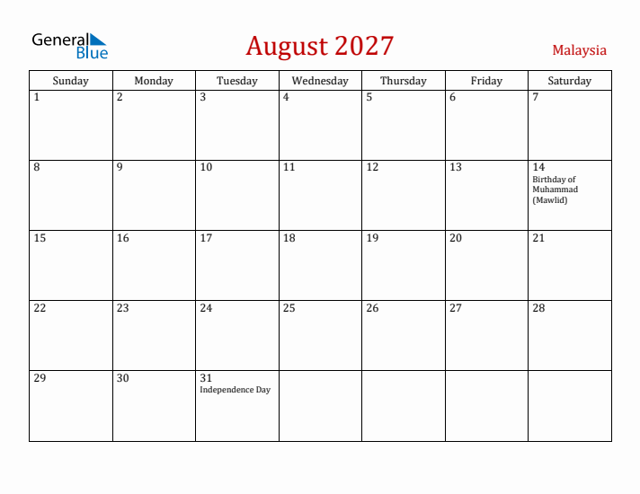 Malaysia August 2027 Calendar - Sunday Start