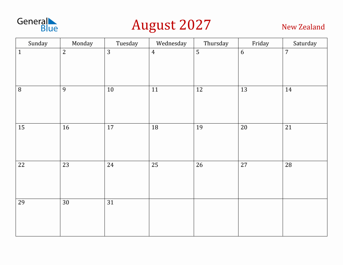August 2027 New Zealand Monthly Calendar with Holidays