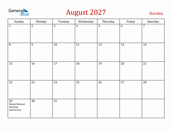 Slovakia August 2027 Calendar - Sunday Start