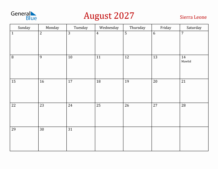 Sierra Leone August 2027 Calendar - Sunday Start