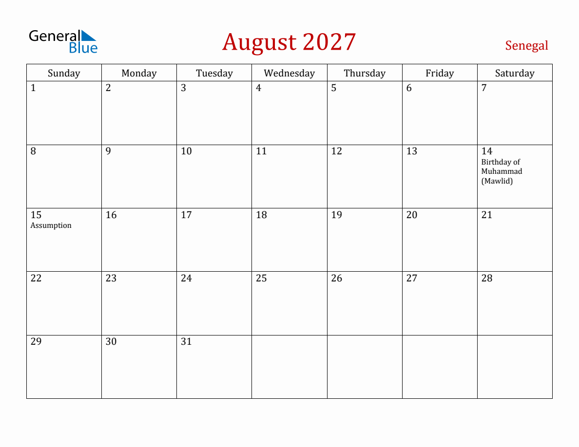 August 2027 Senegal Monthly Calendar with Holidays