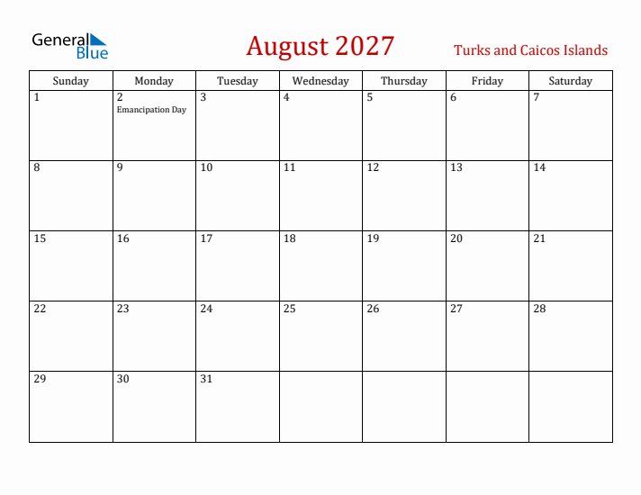 Turks and Caicos Islands August 2027 Calendar - Sunday Start