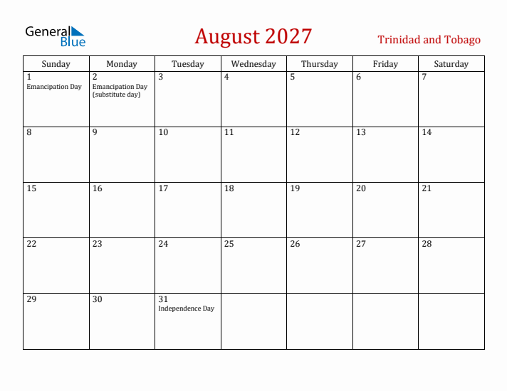 Trinidad and Tobago August 2027 Calendar - Sunday Start