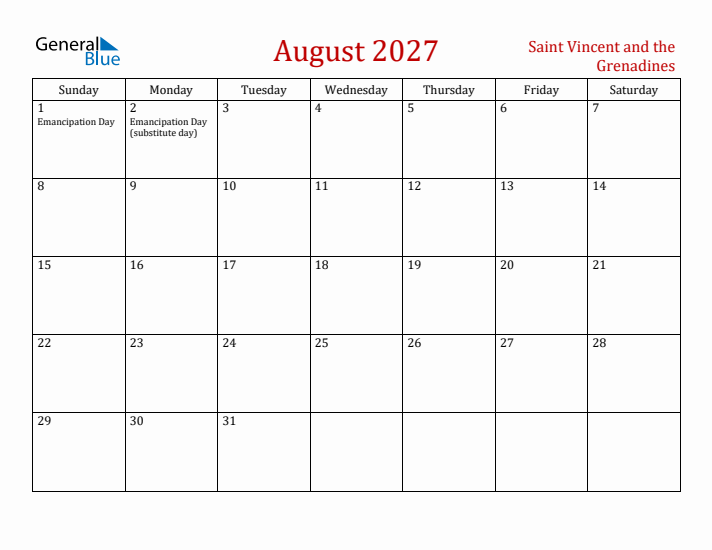 Saint Vincent and the Grenadines August 2027 Calendar - Sunday Start