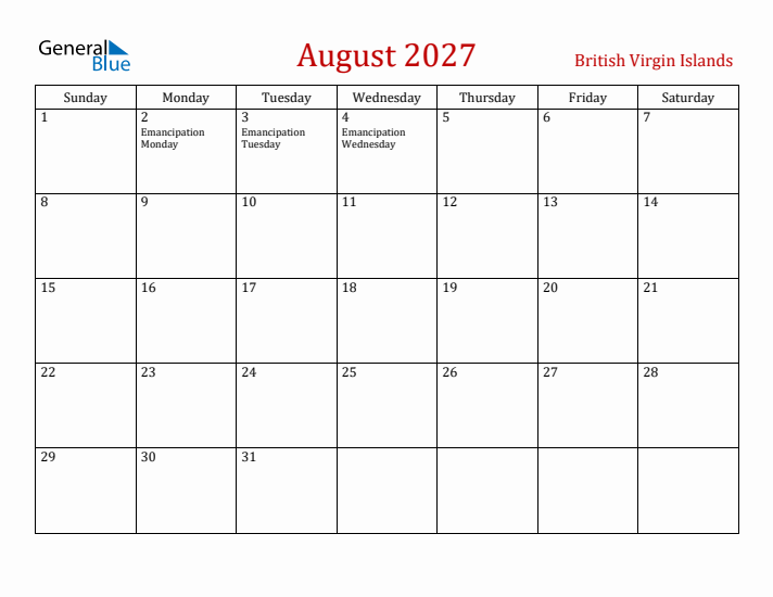 British Virgin Islands August 2027 Calendar - Sunday Start