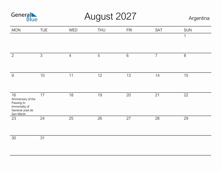 Printable August 2027 Calendar for Argentina