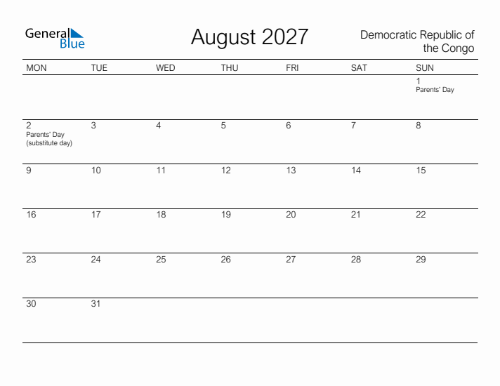 Printable August 2027 Calendar for Democratic Republic of the Congo