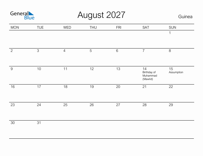Printable August 2027 Calendar for Guinea