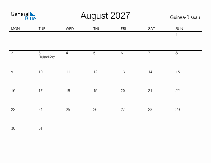 Printable August 2027 Calendar for Guinea-Bissau